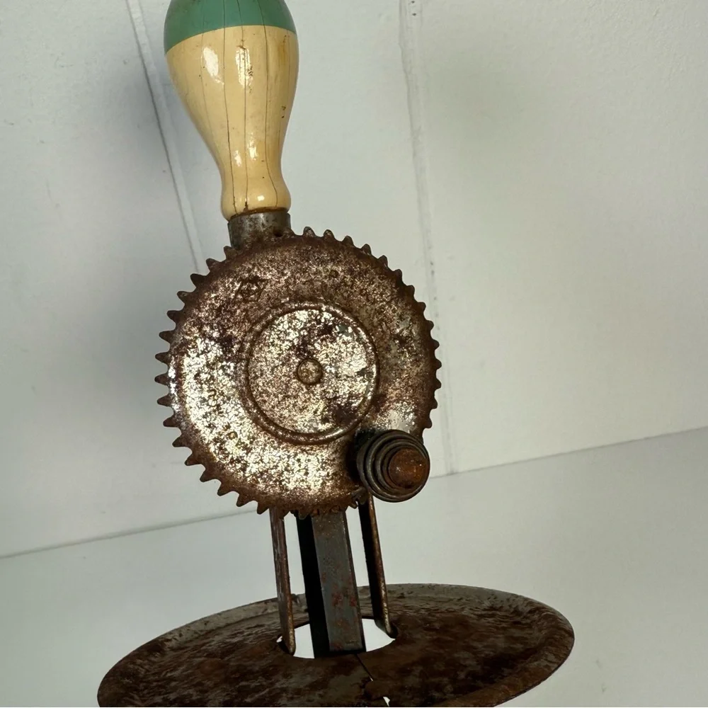 Antique (Green & Cream) A&J Kitchen Egg Beater Wood Handle Farmhouse Decor